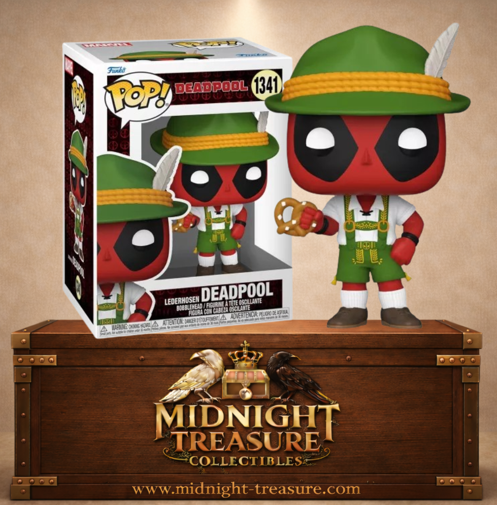 Funko Pop! Marvel N°1341 – Lederhosen Deadpool. Figurine Deadpool en tenue bavaroise avec bretzel.