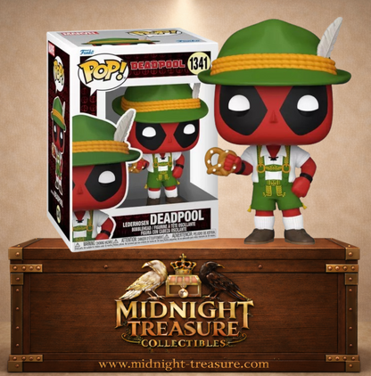 Funko Pop! Marvel N°1341 – Lederhosen Deadpool. Figurine Deadpool en tenue bavaroise avec bretzel.