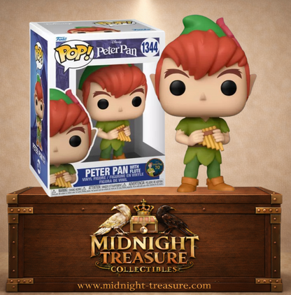 Funko Pop! Disney N°1344 – Peter Pan with Flute. Figurine Peter Pan tenant une flûte avec tenue verte classique du film Disney.