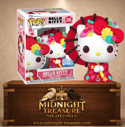 Funko Pop! Sanrio N°135 – Hello Kitty – Kimono. Figurine Hello Kitty portant un kimono rouge traditionnel.