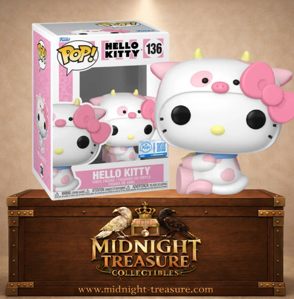 Funko Pop! Hello Kitty N°136 – Hello Kitty Cow Cosplay. Figurine Hello Kitty portant un costume de vache avec taches roses et cornes jaunes.