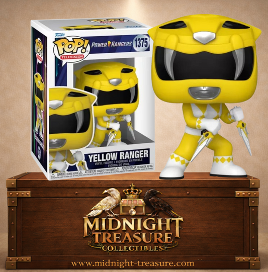 Funko Pop! Power Rangers N°1375 – Ranger Jaune avec casque tigre à dents de sabre et dagues de combat.