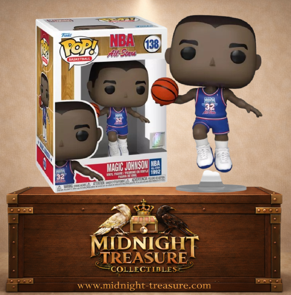 Funko Pop! Basketball N°138 Magic Johnson en maillot bleu N°32 du NBA All-Star Game 1992 avec ballon de basket.