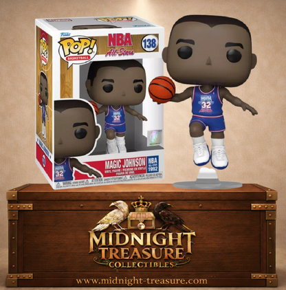 Funko Pop! Basketball N°138 Magic Johnson en maillot bleu N°32 du NBA All-Star Game 1992 avec ballon de basket.