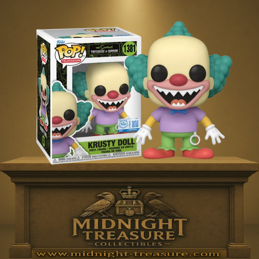 Funko Pop! The Simpsons – Krusty Doll (N°1381). Figurine de la poupée maléfique inspirée de Treehouse of Horror, sourire inquiétant et cheveux verts.