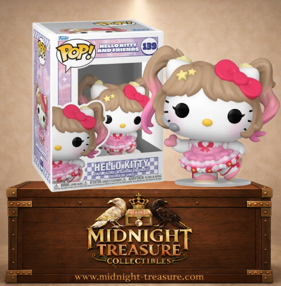 Funko Pop! Hello Kitty and Friends N°139 – Hello Kitty K-Pop Outfit. Figurine en tenue rose avec micro casque et couettes dégradé rose.