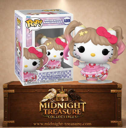 Funko Pop! Hello Kitty and Friends N°139 – Hello Kitty K-Pop Outfit. Figurine en tenue rose avec micro casque et couettes dégradé rose.