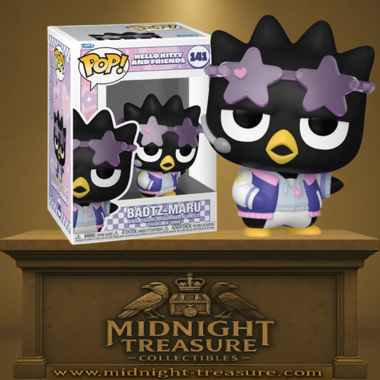 Funko Pop! Hello Kitty and Friends – Badtz-Maru (K-Pop Outfit) (N°141). Pingouin noir avec lunettes étoiles violettes et tenue streetwear inspirée K-Pop.