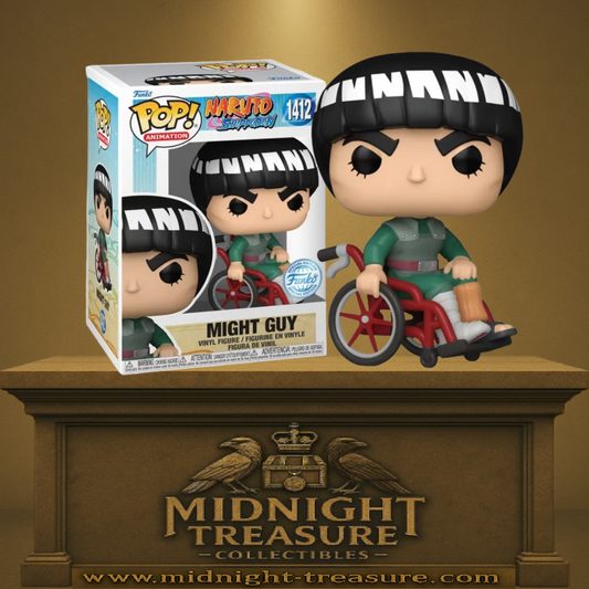 Funko Pop! Naruto Shippuden – Might Guy (Maito Gai) N°1412 en fauteuil roulant. Figurine représentant le ninja après l’utilisation des Huit Portes, version emblématique et émotive.