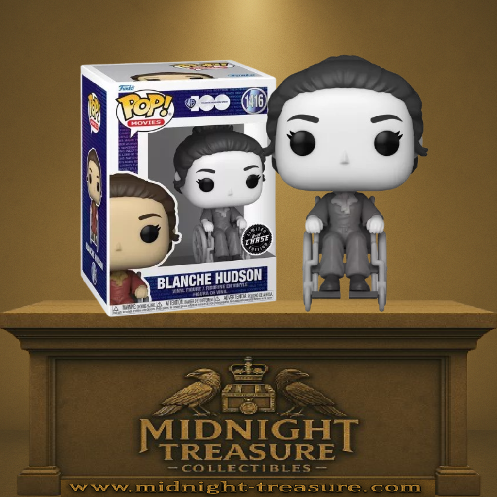 Funko Pop! Movies Blanche Hudson – Édition Chase (N°1416). Figurine noir et blanc de Blanche Hudson en fauteuil roulant, inspirée du film What Ever Happened to Baby Jane?.