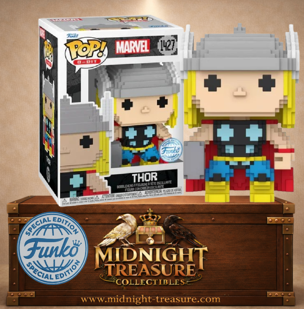 Funko Pop! Marvel N°1427 – Thor 8-bit – version pixelisée avec marteau Mjolnir et casque ailé. Une figurine rétro parfaite pour les fans de Marvel.