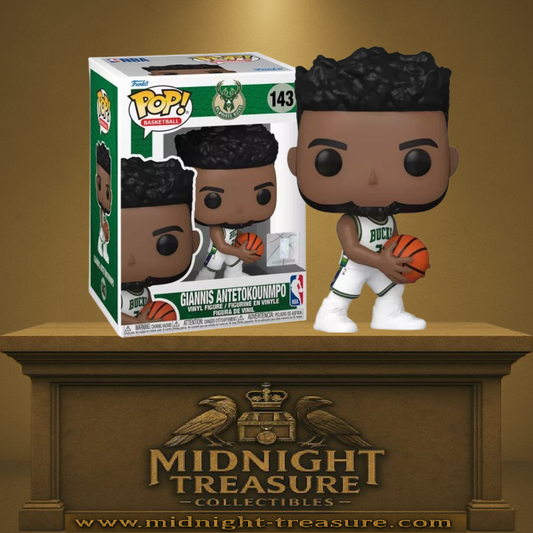 Funko Pop! NBA â Giannis Antetokounmpo â Milwaukee Bucks (N°143). Giannis en tenue officielle des Bucks tenant un ballon de basket, figurine Funko Pop Basketball.