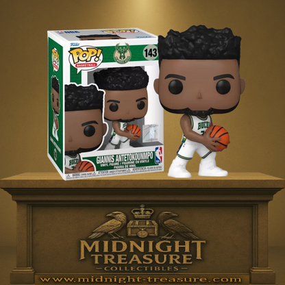 Funko Pop! NBA – Giannis Antetokounmpo – Milwaukee Bucks (N°143). Giannis en tenue officielle des Bucks tenant un ballon de basket, figurine Funko Pop Basketball.
