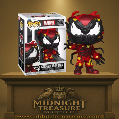 Funko Pop! Marvel – Iron Man Carnagized (N°1437). Fusion monstrueuse entre Iron Man et Carnage, avec armure déformée et tentacules symbiotiques. Pièce idéale pour les fans de symbiotes et de Marvel.