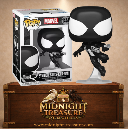 Funko Pop! Marvel N°1444 – Symbiote Suit Spider-Man – figurine Spider-Man en costume noir symbiote avec effet de toile.