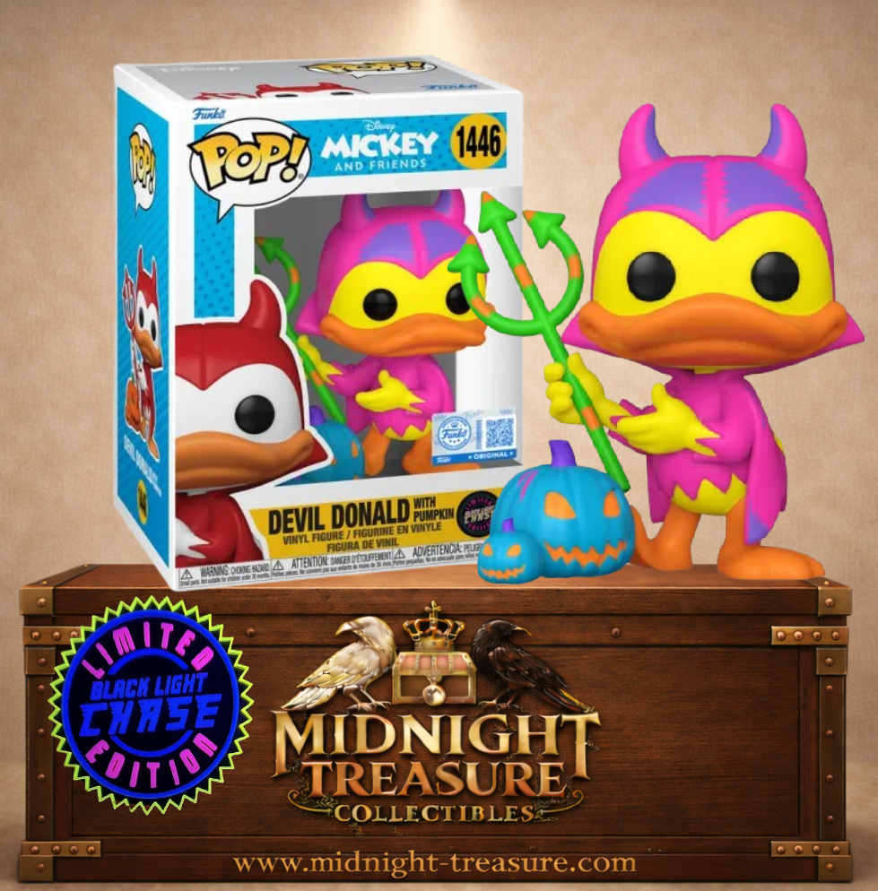 Funko Pop! Disney N°1446 – Donald en diable avec citrouille Chase Black Light – Mickey and Friends. Version néon avec trident.