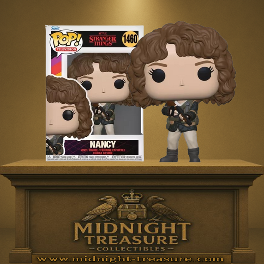 Funko Pop! Stranger Things â Nancy Wheeler (N°1460). Nancy armĂ©e dâun fusil dans la maison Creel de lâUpside Down, scĂšne clĂ© de la saison 4 face Ă Vecna.