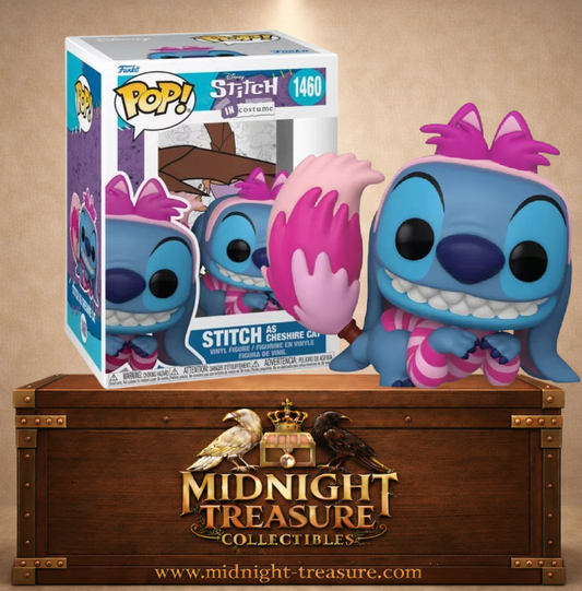 Funko Pop! Disney N°1460 – Stitch déguisé en Chat du Cheshire avec rayures roses et violettes inspirées d’Alice au Pays des Merveilles.