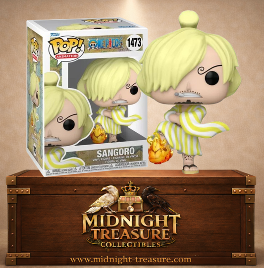 Funko Pop! Animation N°1473 – Sangoro de One Piece, Sanji en tenue rayée jaune et blanche de Wano avec jambe enflammée en Diable Jambe.