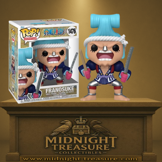 Funko Pop! One Piece – Franosuke (N°1476, 15 cm). Franky en tenue de Wano, coiffure bleue attachée, posture de combat dynamique avec armes.