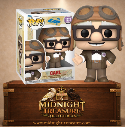 Funko Pop! Disney N°1478 – Carl – Up (Là-haut). Figurine avec lunettes, costume marron et casque d’aviateur.