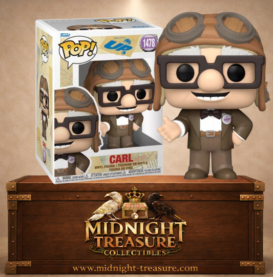 Funko Pop! Disney N°1478 – Carl – Up (Là-haut). Figurine avec lunettes, costume marron et casque d’aviateur.