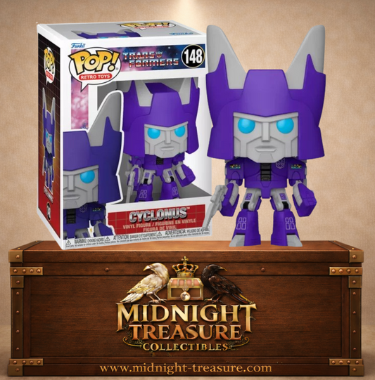Funko Pop! Retro Toys N°148 – Cyclonus avec son armure violette, son casque emblématique et son blaster inspiré de Transformers Generation 1.