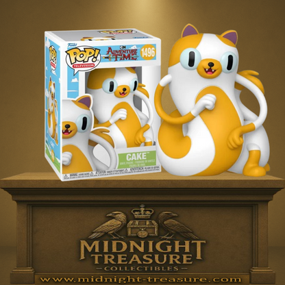 Funko Pop! Adventure Time – Cake (N°1496). Personnage jaune et blanc à l’apparence extensible, posture dynamique fidèle à la série animée.