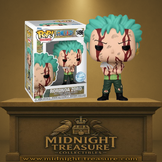 Funko Pop! One Piece – Roronoa Zoro – Nothing Happened (N°1496). Figurine de Zoro ensanglanté, bras croisés, représentant la scène culte de Thriller Bark où il encaisse toute la douleur de Luffy.