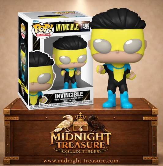 Funko Pop! Television N°1499 Invincible représentant Mark Grayson avec son costume noir, jaune et bleu et son masque de super-héros.