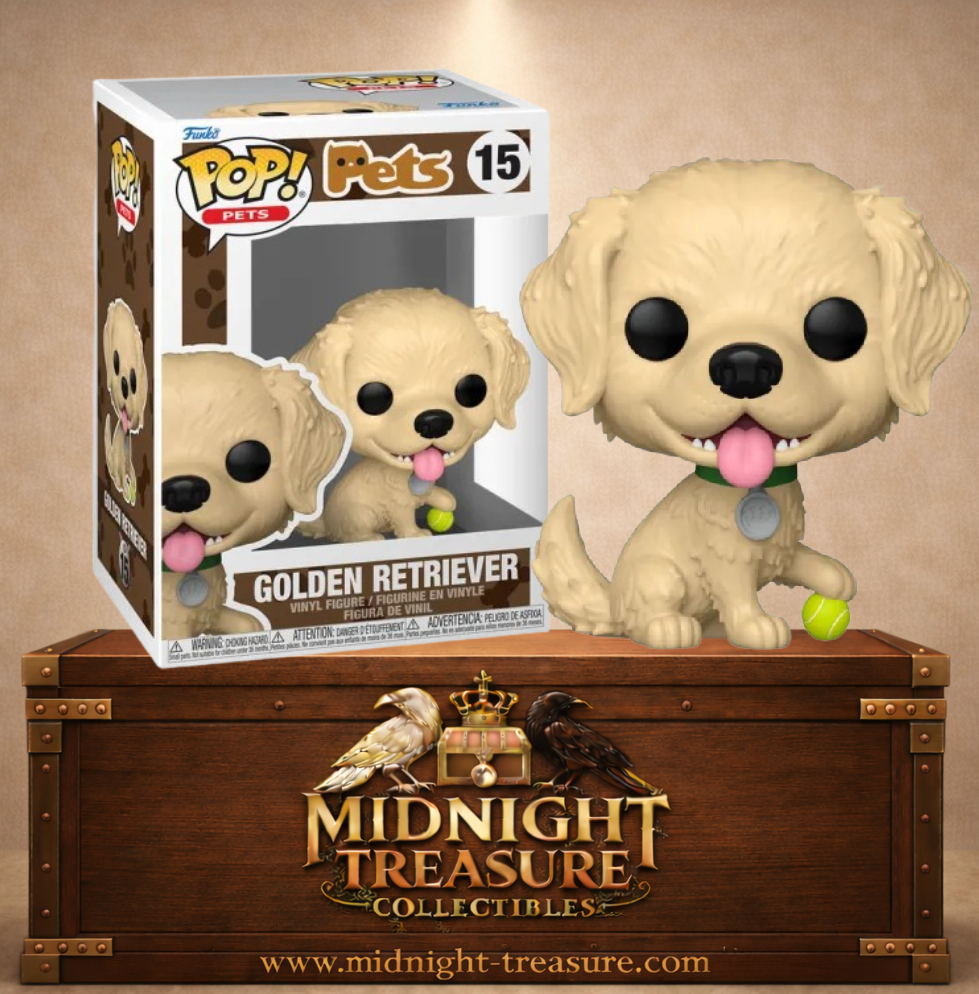 Funko Pop! Pets N°15 – Golden Retriever assis avec balle de tennis et collier vert.