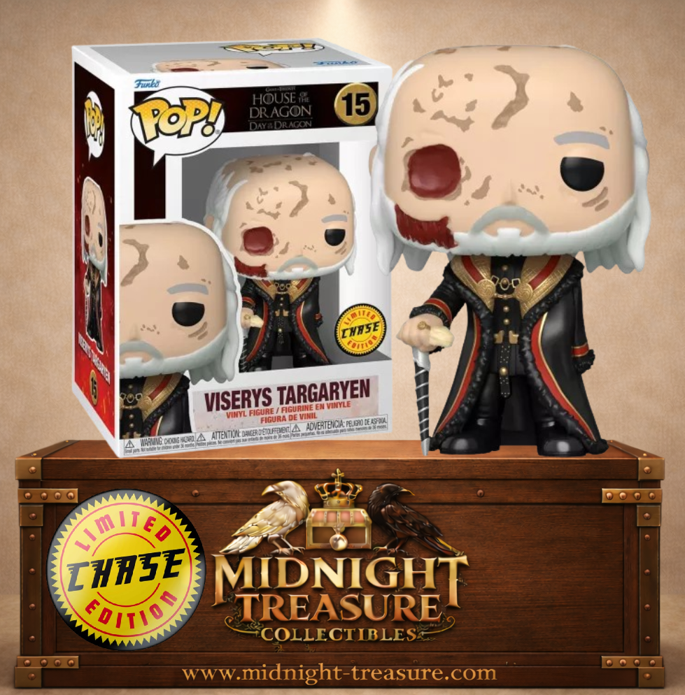 Funko Pop! Television N°15 – Viserys Targaryen Chase sans masque de House of the Dragon, visage marqué par la maladie et canne à la main.