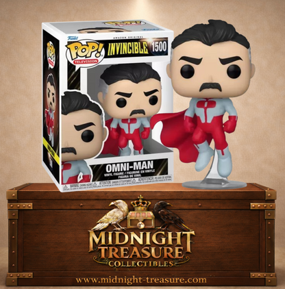 Funko Pop! Television N°1500 – Omni-Man – Invincible. Figurine en vol avec cape rouge et costume iconique.