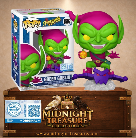 Funko Pop! N°1502 – Green Goblin, le Bouffon Vert de Spider-Man The Animated Series, sur son Goblin Glider avec bombe citrouille et sticker Funko Original.
