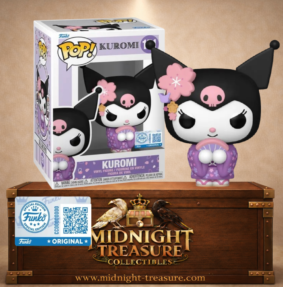 Funko Pop! Sanrio N°151 – Kuromi en kimono violet avec éventail, édition Funko Shop Exclusive.