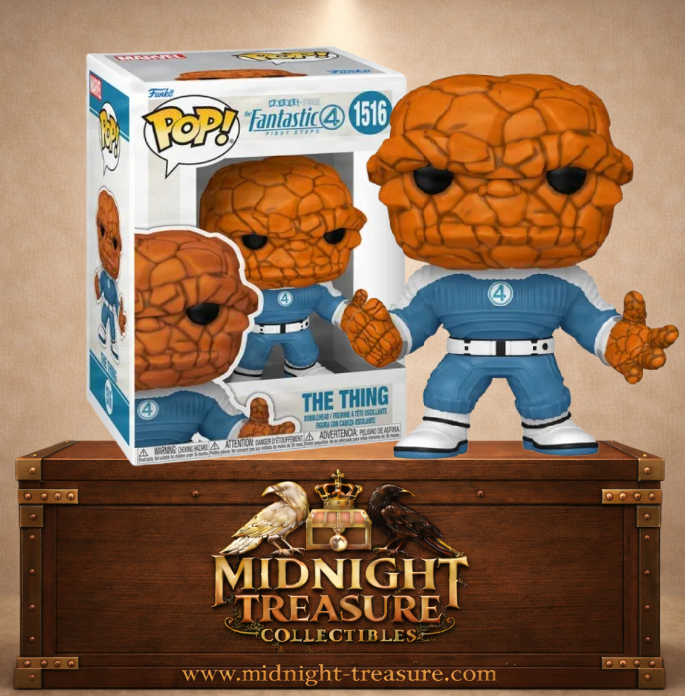 Funko Pop! Marvel N°1516 – The Thing (La Chose) – Fantastic Four. Figurine Ben Grimm en tenue bleue avec corps rocheux orange.