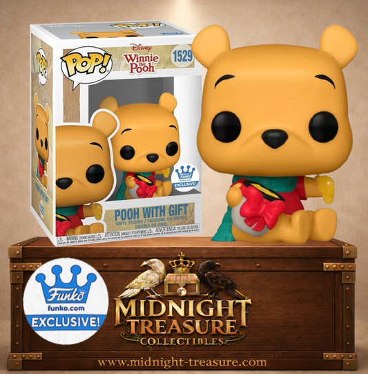 Funko Pop! Disney N°1529 – Pooh with Gift, Winnie l’Ourson assis avec une écharpe verte et un cadeau rouge contenant du miel, édition exclusive Funko.