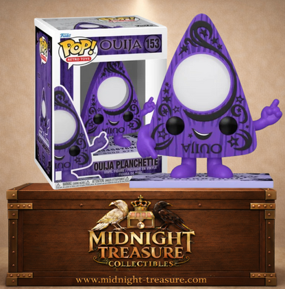 Funko Pop! Retro Toys N°153 Ouija Planchette violette avec motifs de lunes et étoiles sur plateau Ouija Hasbro.
