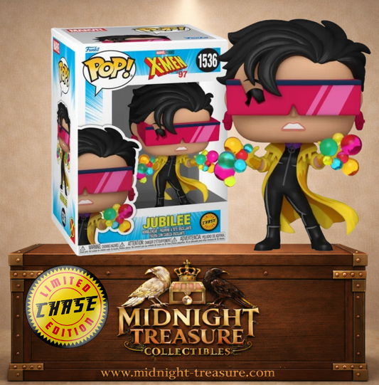 Funko Pop! Marvel N°1536 – Jubilee – X-Men 97 Chase. Figurine avec lunettes fissurées et effets lumineux.