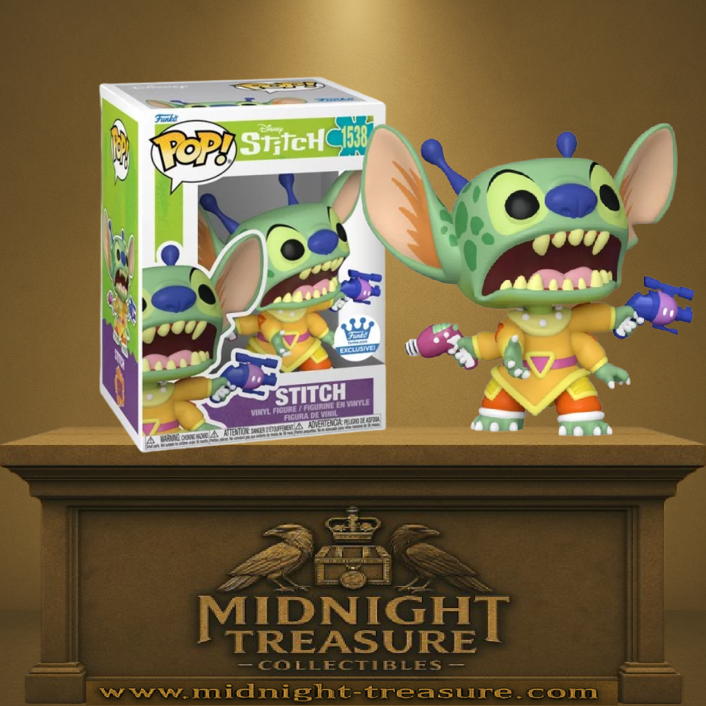 Funko Pop! Disney – Stitch (Concept Art) – N°1538. Version conceptuelle du personnage avec peau verte, armure colorée et pistolets extraterrestres.