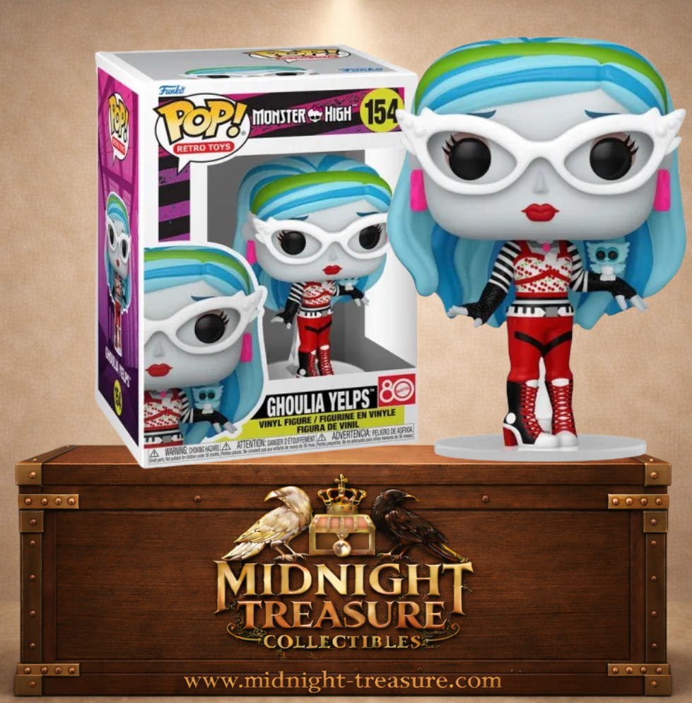 Funko Pop! Retro Toys N°154 – Ghoulia Yelps – Monster High. Figurine avec lunettes blanches et cheveux bleus avec compagnon.