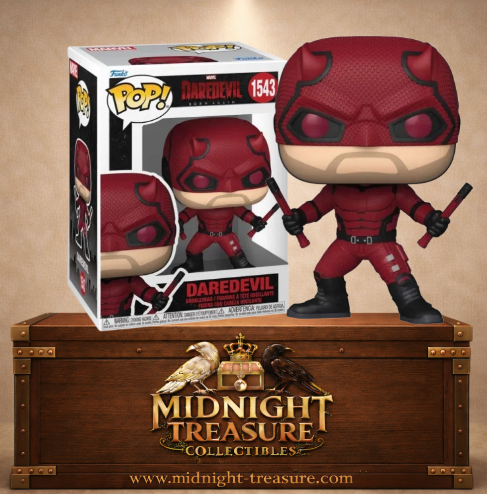 Funko Pop! Marvel N°1543 – Daredevil – Born Again. Figurine Daredevil avec costume rouge et matraques.