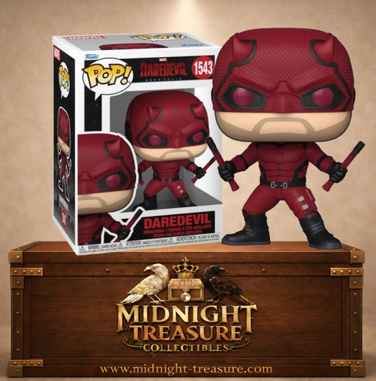 Funko Pop! Marvel N°1543 – Daredevil – Born Again. Figurine Daredevil avec costume rouge et matraques.