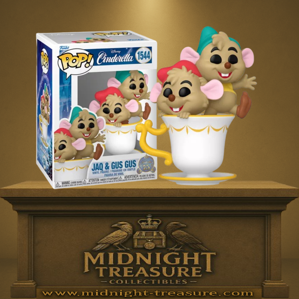 Funko Pop! Cinderella (Cendrillon) – Jaq & Gus Gus (N°1544). Les deux souris emblématiques dans une tasse décorée, une scène adorable fidèle au classique Disney.