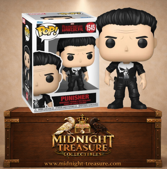 Funko Pop! Marvel N°1545 – Punisher avec t-shirt noir au logo blanc inspiré de Daredevil Born Again.