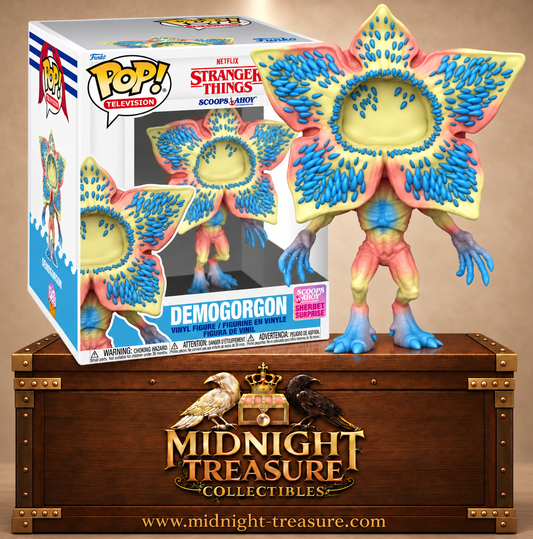 Funko Pop! Super Television N°1547 Démogorgon Scoops Ahoy de Stranger Things avec finition pastel rose, jaune et bleu turquoise.