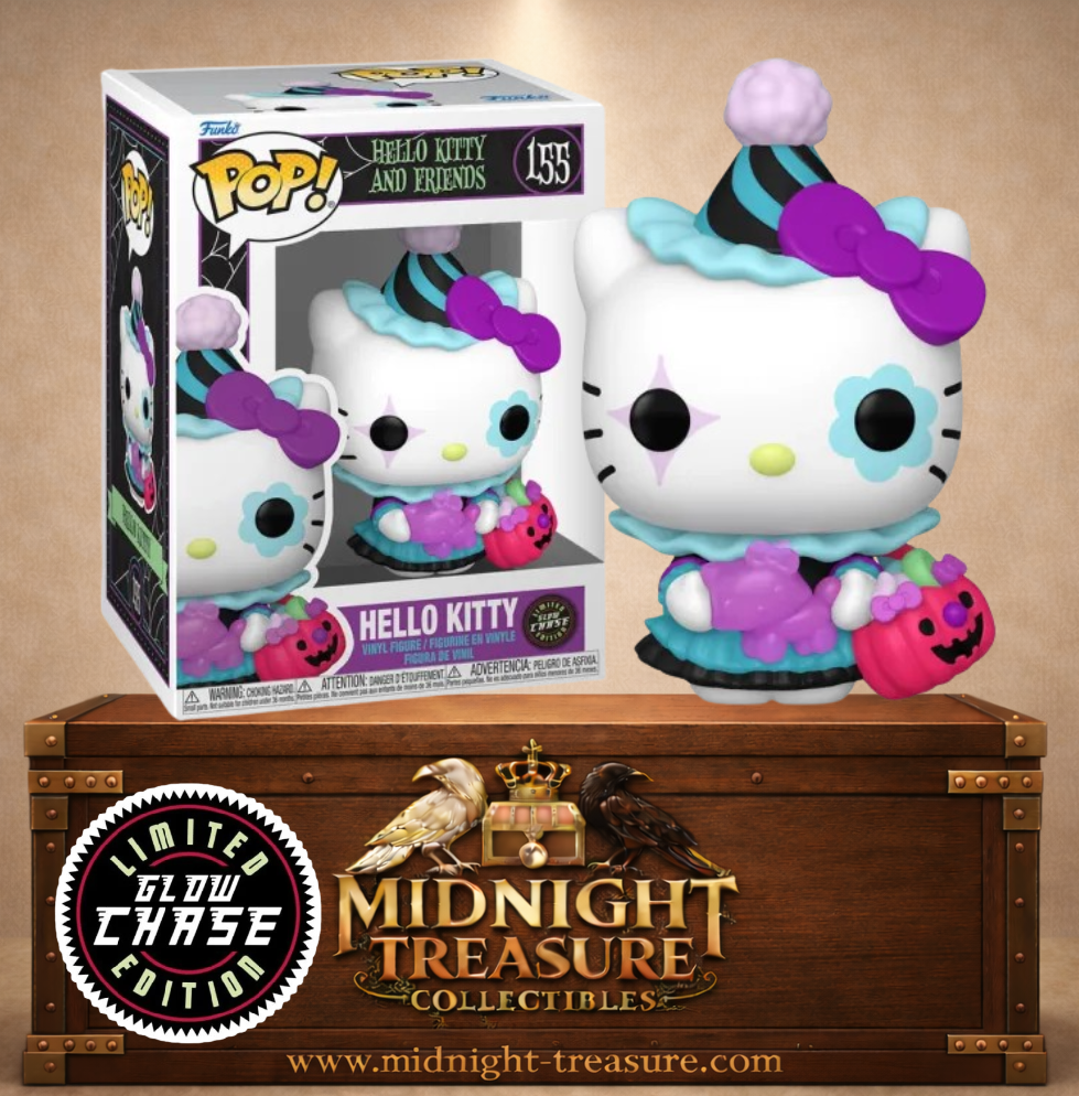Funko Pop! Animation N°155 – Hello Kitty Spooky Chase Glow in the Dark avec costume de clown d’Halloween, ballon gonflable Hello Kitty violet et panier citrouille rose.