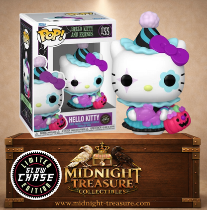 Funko Pop! Animation N°155 – Hello Kitty Spooky Chase Glow in the Dark avec costume de clown d’Halloween, ballon gonflable Hello Kitty violet et panier citrouille rose.