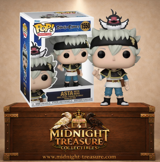 Funko Pop! Animation N°1550 – Asta avec Nero – Black Clover. Figurine avec oiseau Nero sur la tête.