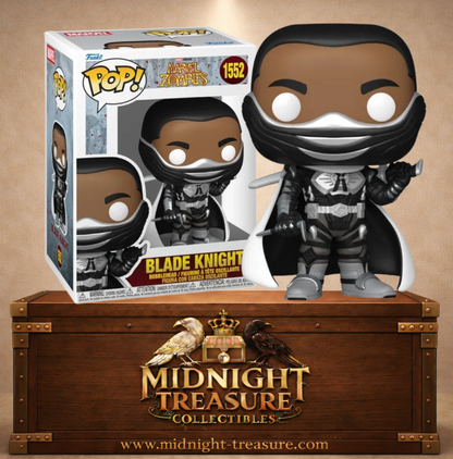 Funko Pop! N°1552 Blade Knight Marvel Zombies, Eric Brooks devenu avatar de Khonshu avec armure noire et argentée, cape et lames en croissant.